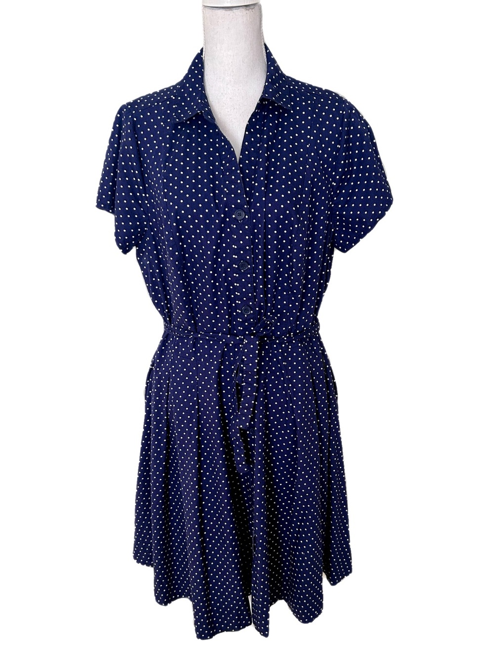 Polka Dot Shirt Dress Large 18/20 Plus 100% Cotton Preppy Classic Trad Blue